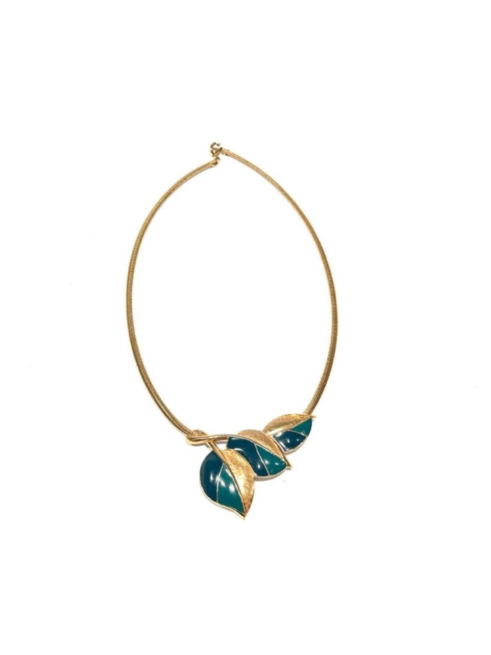 Vintage 1980s TRIFARI Green Teal Enamel Leaf Gold Collar Necklace